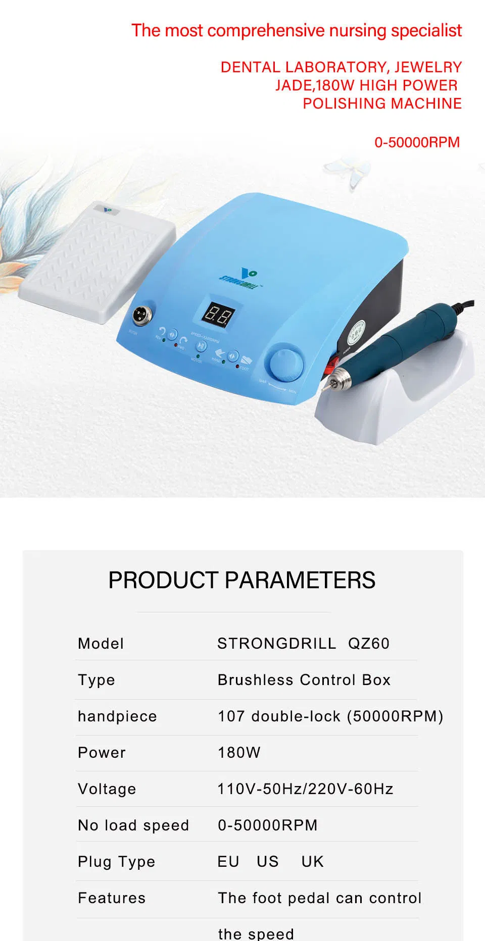 50000rpm Strongdrill Brushless Micromotor Qz60 Q9 Dental Lab Engraving 200W Customize