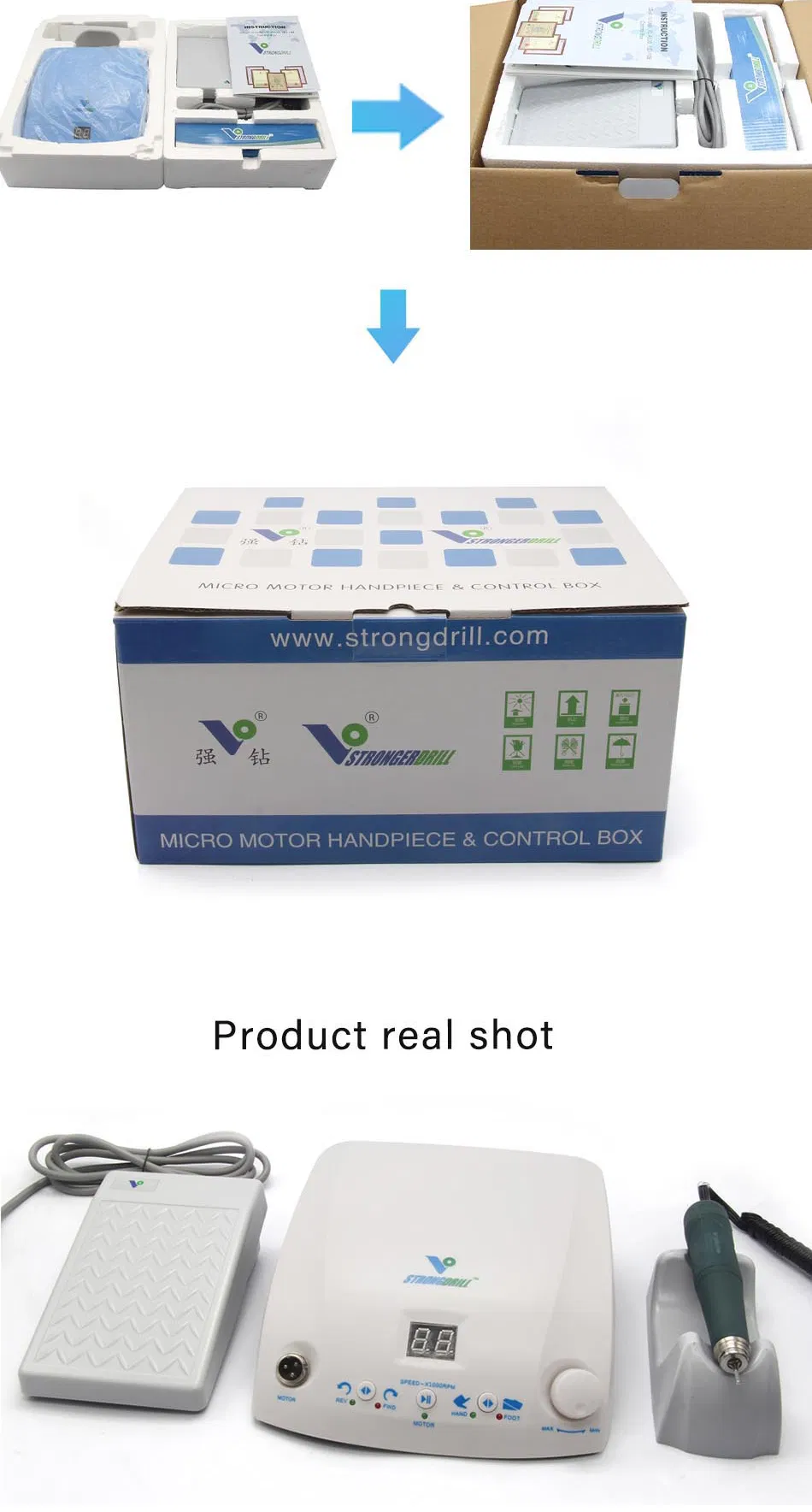 50000rpm Strongdrill Brushless Micromotor Qz60 Q9 Dental Lab Engraving 200W Customize