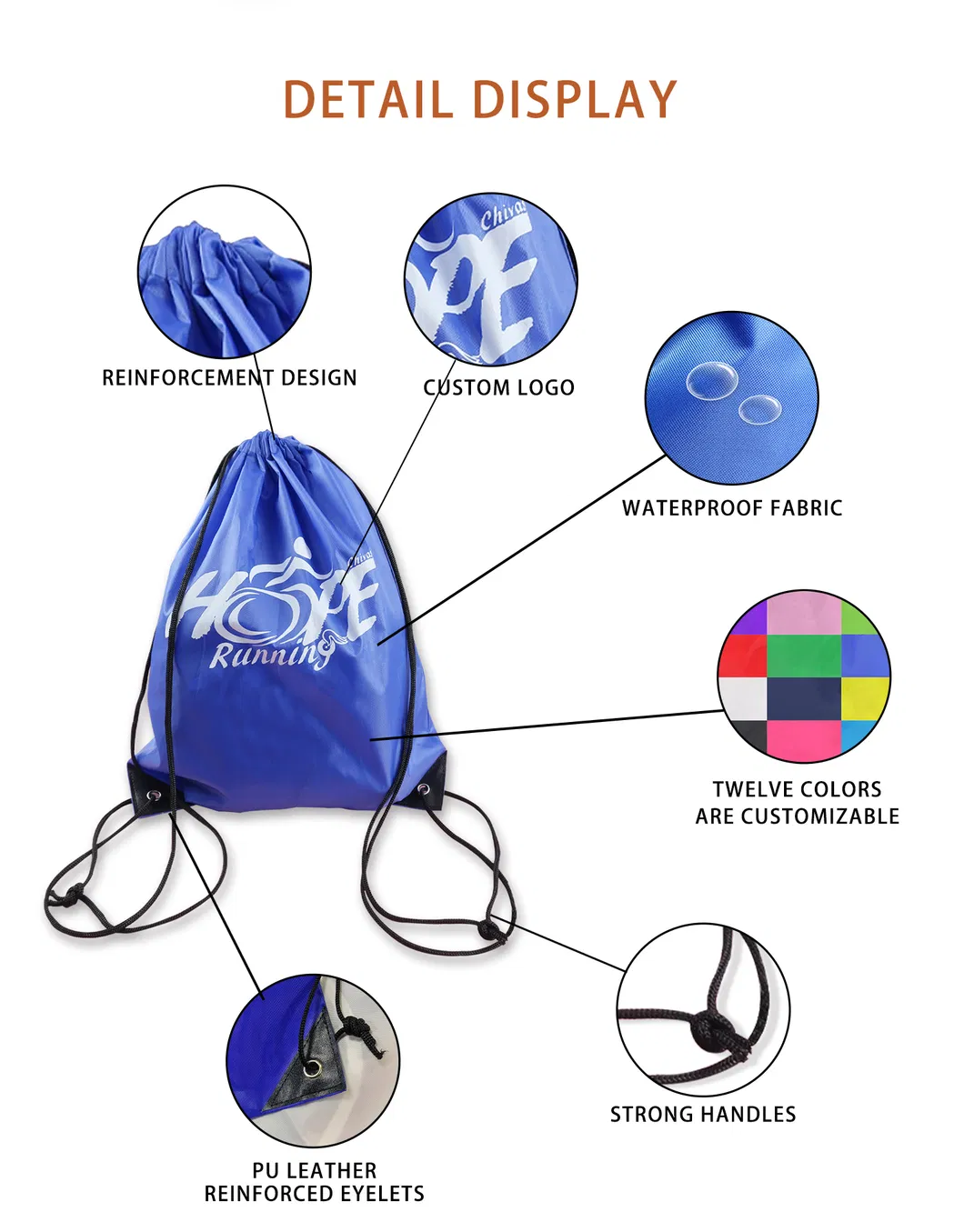 Mochila de cordão de poliéster impermeável promocional, sacos de cordão para esportes com logotipo personalizado