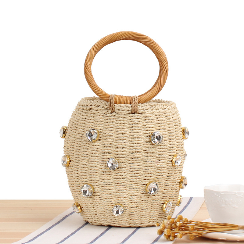 Bolsa Clutch de Ráfia Crochê em Formato de Balde, Bolsa de Palha, Bolsa de Praia em Macramê Feita à Mão