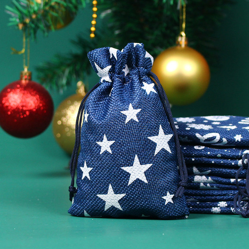 Saco promocional de juta e linho impresso personalizado com estrelas e flocos de neve para embalagem de presente de Natal