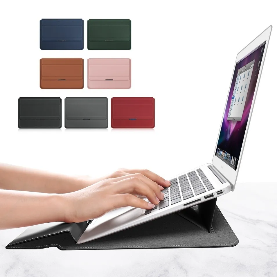 Capa de Laptop com Suporte Dobrável, Bolsa Slim de Couro para 13/14/15.6 Laptops
