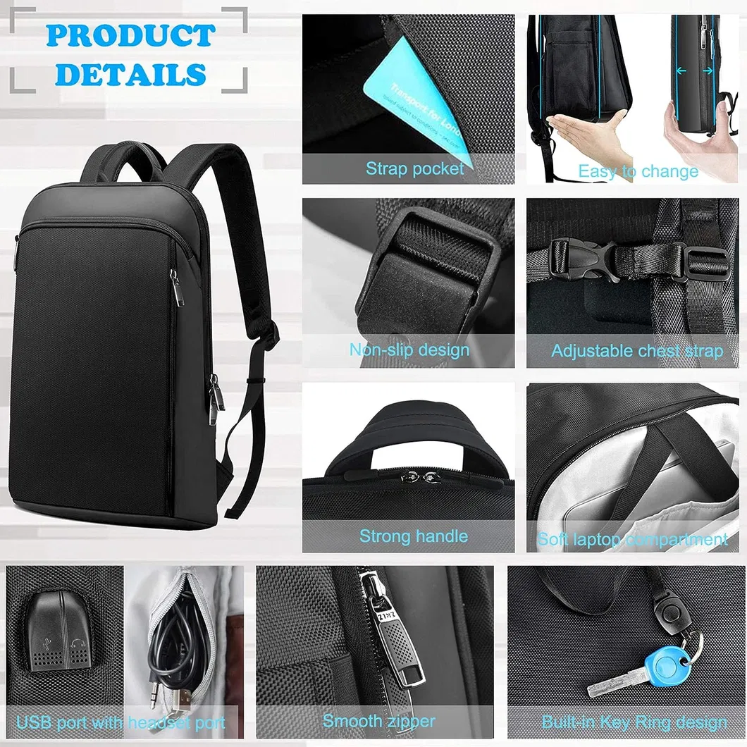 15" Mochila Slim Antifurto para Negócios Masculinos e Femininos para Viagem e Notebook