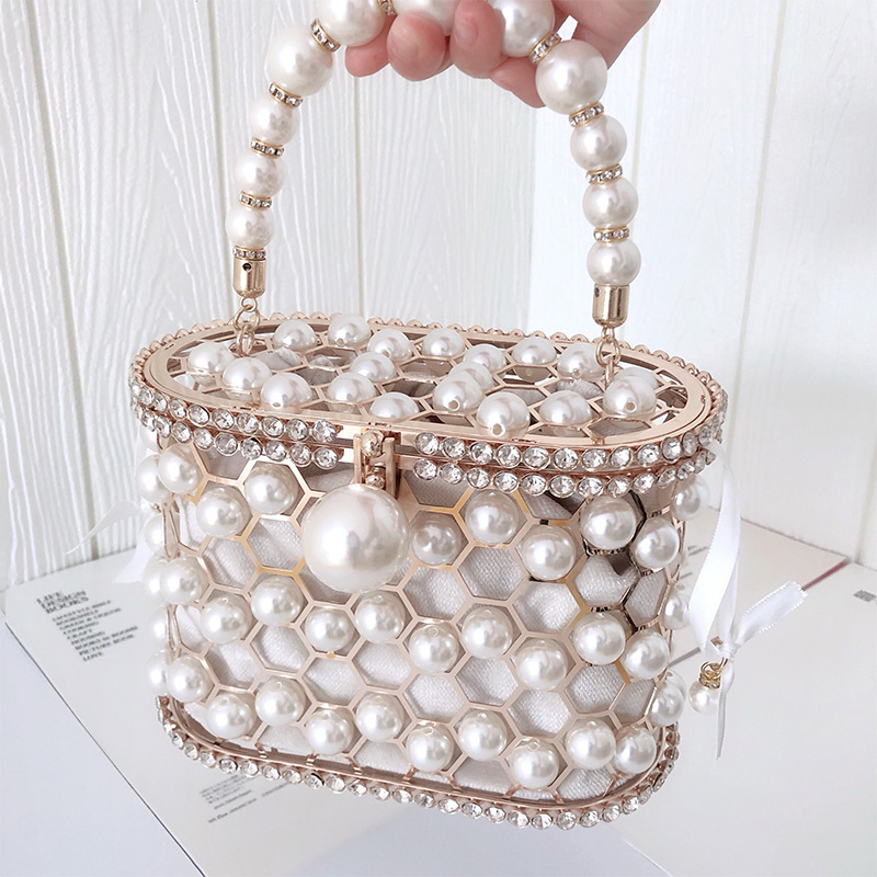 2024 Nova Bolsa de Pérola Feminina Verão Ins Bolsa Bucket Centena com Bolsa de Gaiola Diagonal