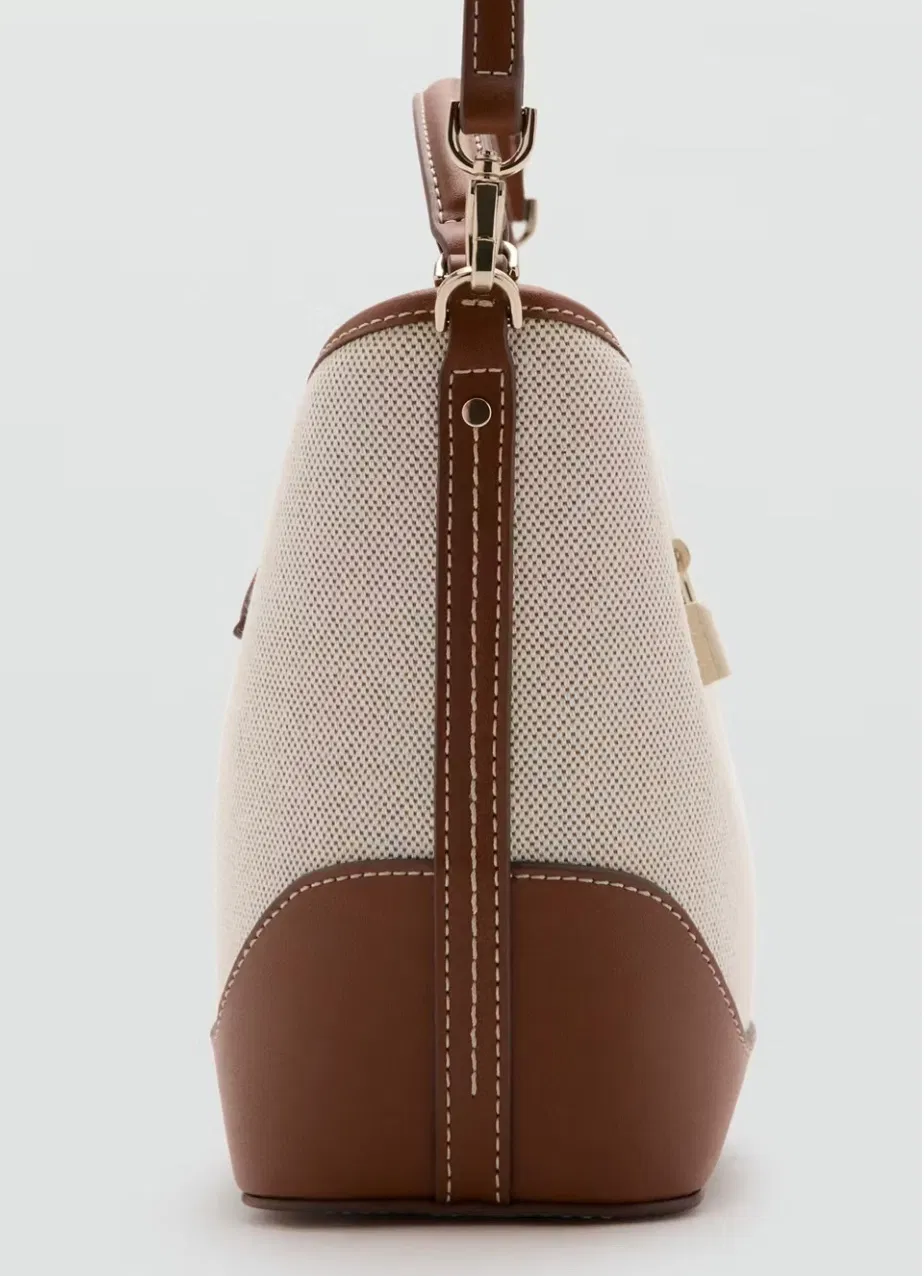 Bolsa de Ombro Mensageiro para Mulher, Designer, Estilo de Dois Tons, Tote de Moda em Lona e Couro PU, Bolsa Bucket Transversal com Detalhe de Fecho em Tom Dourado