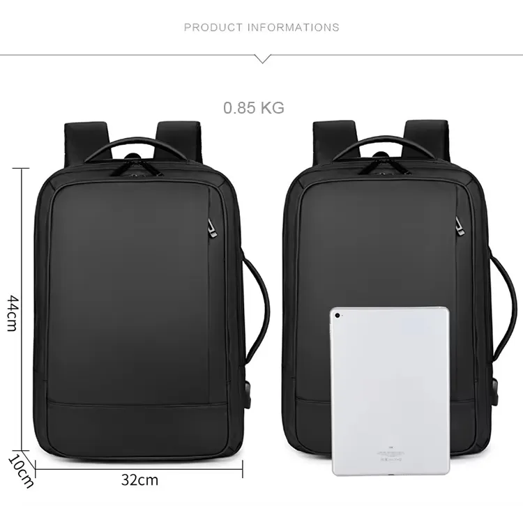 Mochila moderna expansível à prova d'água de grande capacidade com carregamento USB para homens