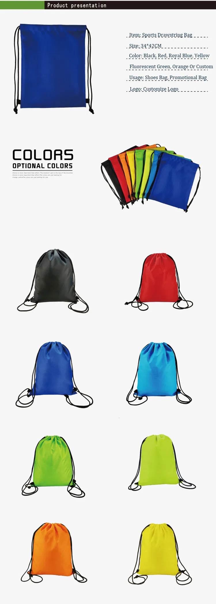Mochila de tecido reciclado personalizado 210d de poliéster para escola, bolsa de cordão para ginásio