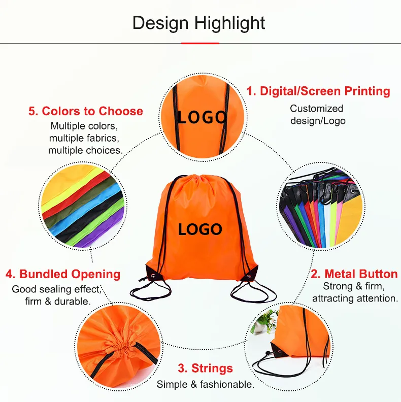 Mochila esportiva com cordão em RPET, nylon, promocional para maratonas, eventos de praia, corridas, conferências, bolsa escolar reciclável e à prova d'água