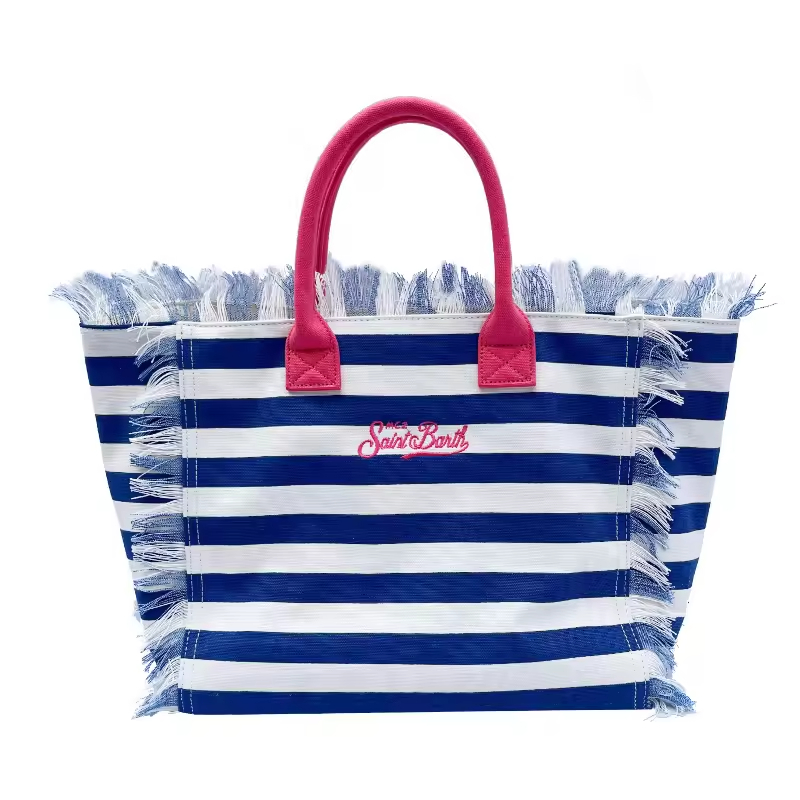 Bolsa de Praia Feminina Grande Capacidade em Lona Azul Escura Saint Barth, Fashion com Listras Horizontais e Franjas