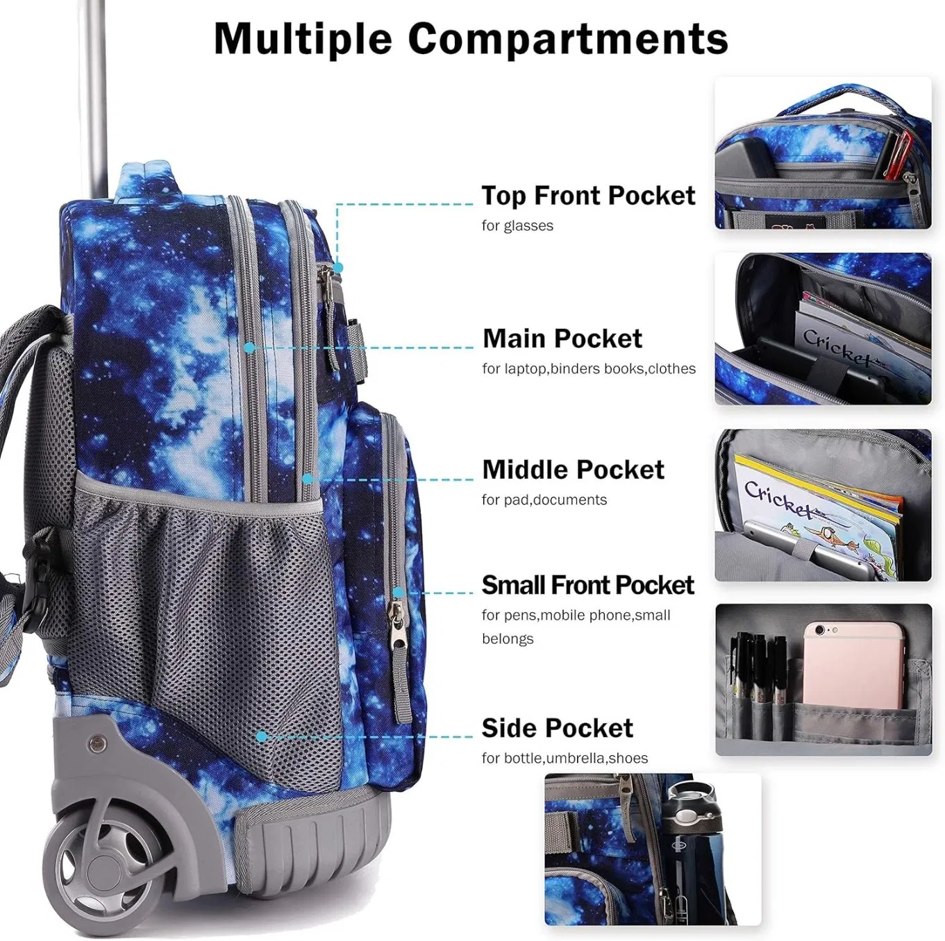 Mochila de Trolley para Laptop Masculina de Alta Qualidade, Meninos, Crianças, Mochila Escolar para Estudantes, Rodas Grandes, Grande Capacidade, Mochila Juvenil