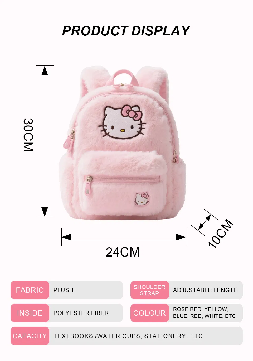 Mochila de pelúcia Hello Kitty para crianças para escola e viagem, mochila de cartoon fofa para meninas, presente ecológico para festivais