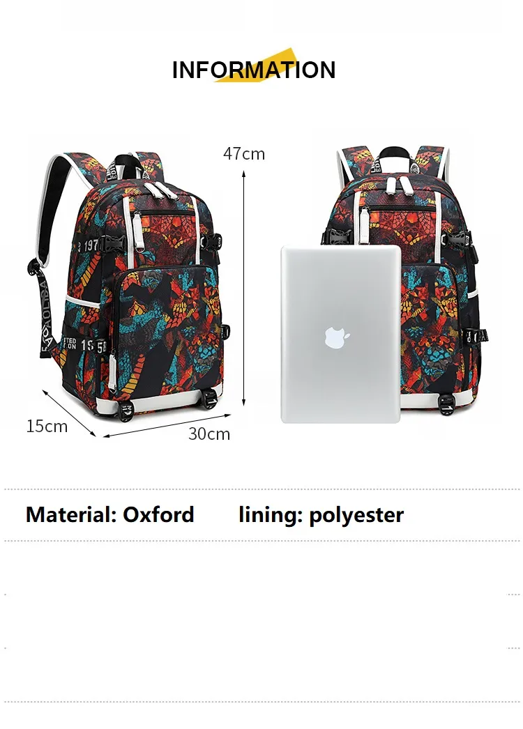 Mochila Estudantil Impressa Mochila de Computador à Prova d'Água Mochila de Viagem ao Ar Livre
