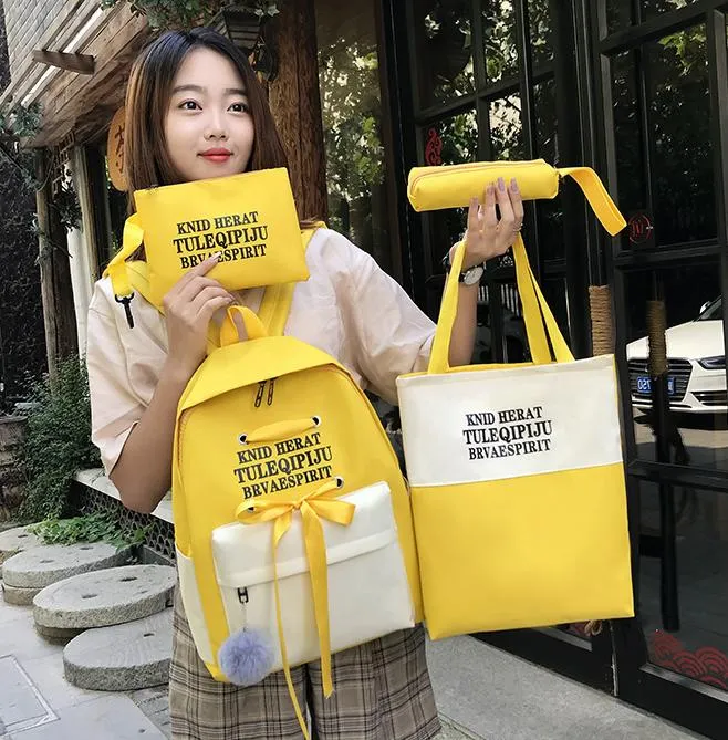 Design Coreano 4PCS Mochilas de Lona para o Ensino Médio Conjunto Listrado Crianças Novas Mochilas da Moda Conjunto para Adolescentes Meninos Meninas
