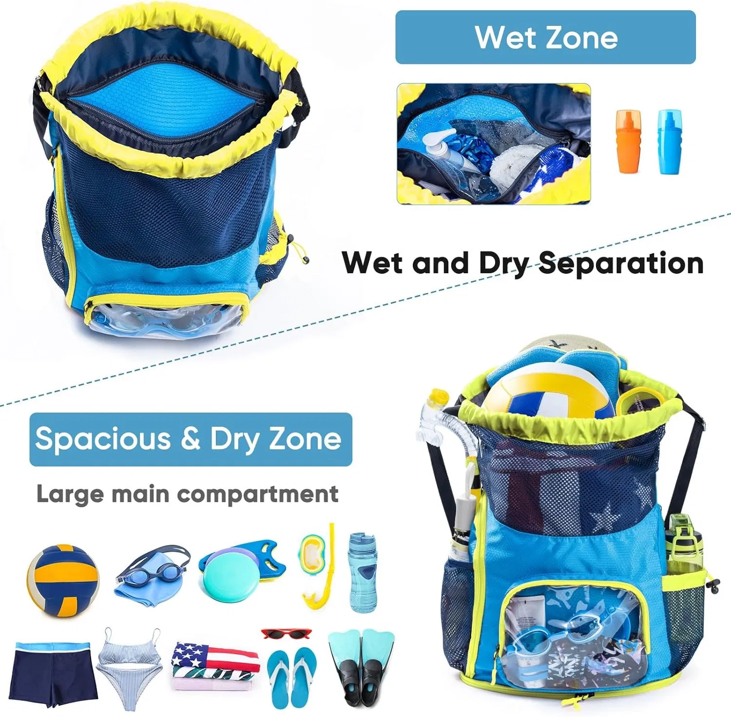 Bolsa de Praia à Prova de Areia de Grande Capacidade com Compartimento para Sapatos, Mochila com Cordão, Bolsa de Praia Impermeável