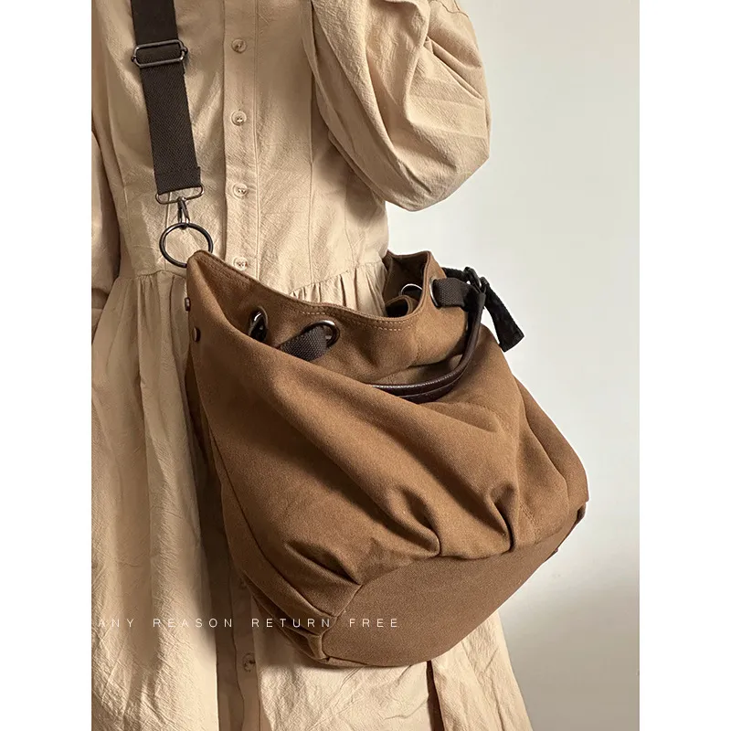 Bolsa Tote Hobo de Lona Lavada Vintage com Cordão para Mulheres
