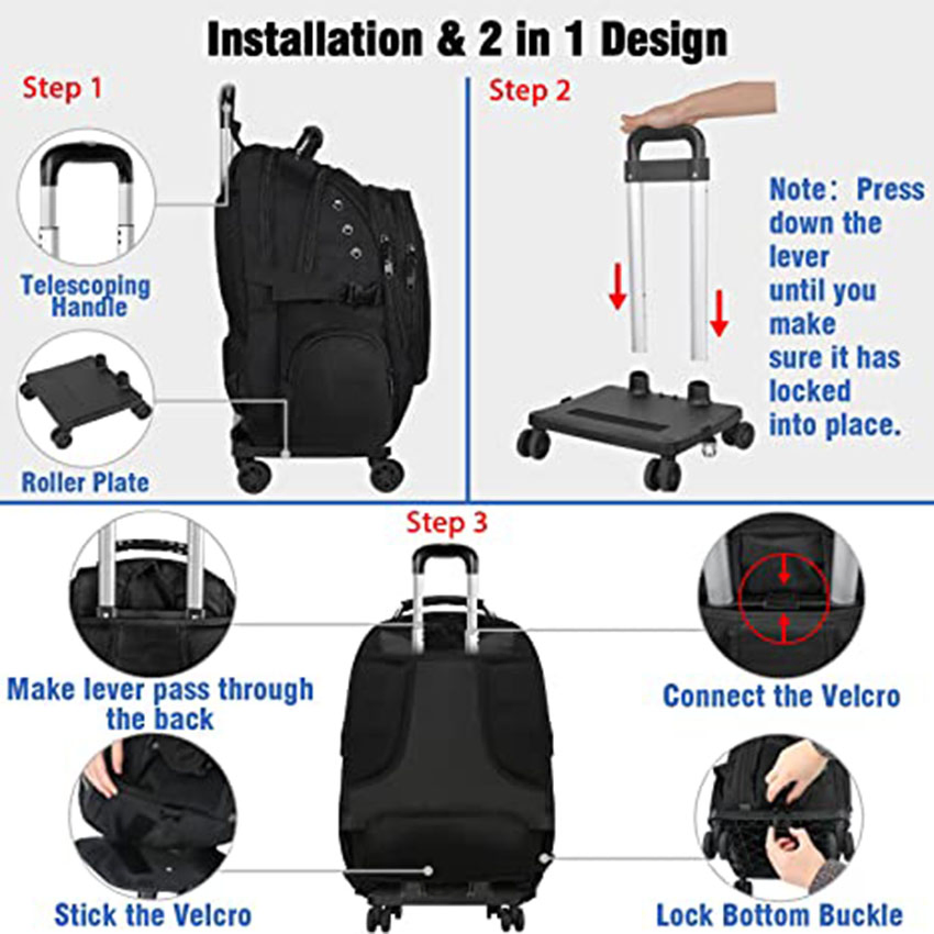 15.6 Mochila de Viagem com Rodas de Polegadas para Laptop, Mochila de Negócios para Homens, Bolsa Rolante Preta