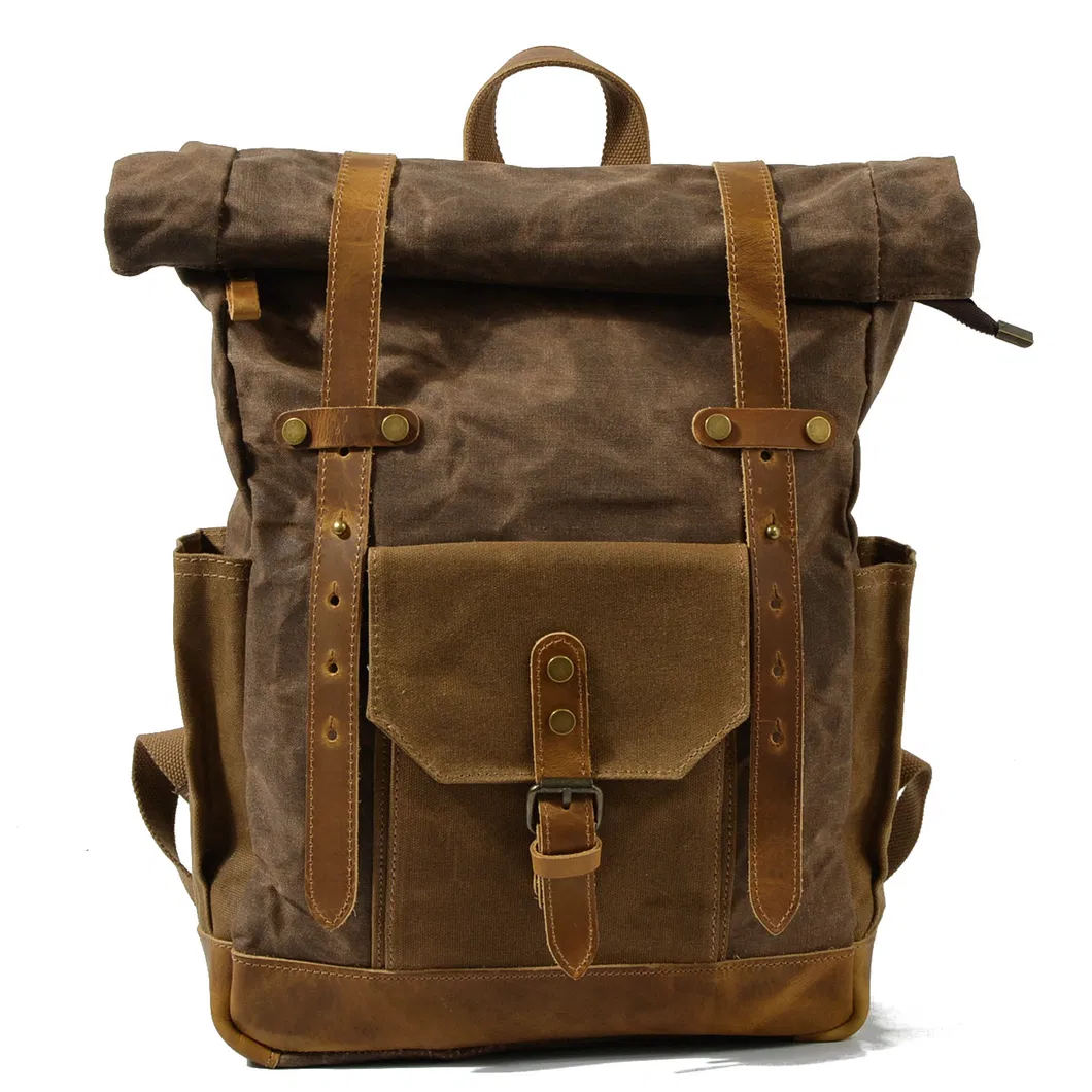 Mochila de viagem em lona à prova d'água com cor retro contrastante e cera, com grande capacidade