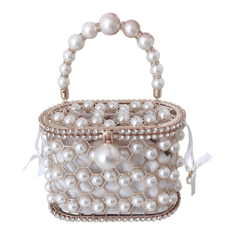 2024 Nova Bolsa de Pérola Feminina Verão Ins Bolsa Bucket Centena com Bolsa de Gaiola Diagonal