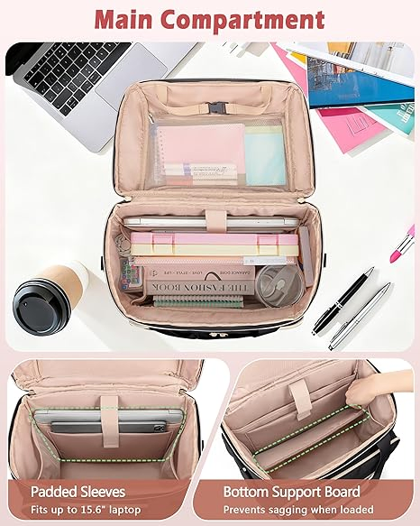 Bolsa de Professor com Organizador de Arquivo Acordeão e 15.6" Compartimento para Laptop, Pasta de Trabalho com Rodas Tote com Carrinho Destacável e Alça Transversal