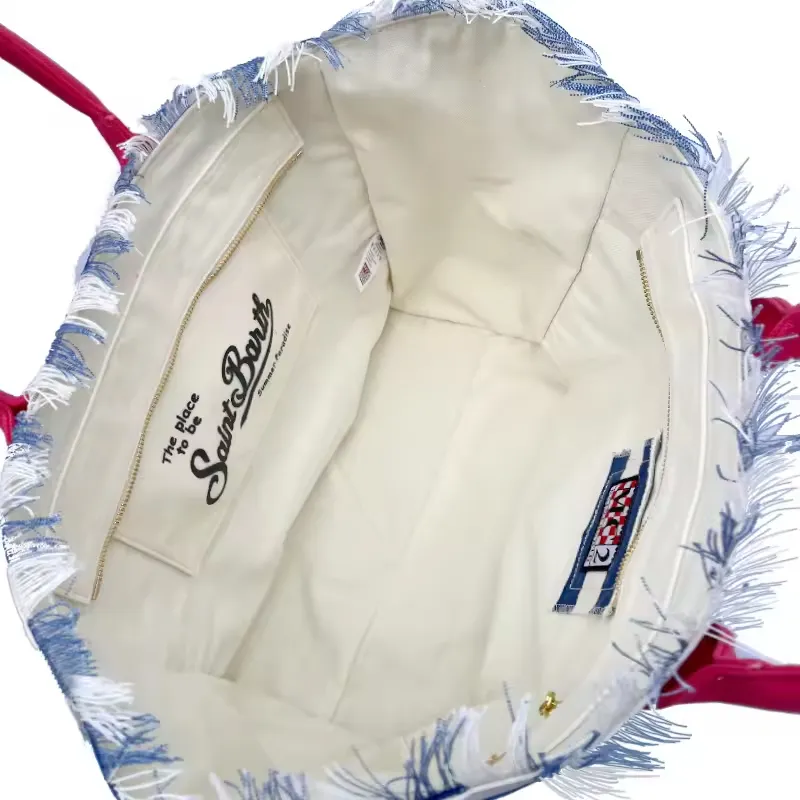 Bolsa de Praia Feminina Grande Capacidade em Lona Azul Escura Saint Barth, Fashion com Listras Horizontais e Franjas