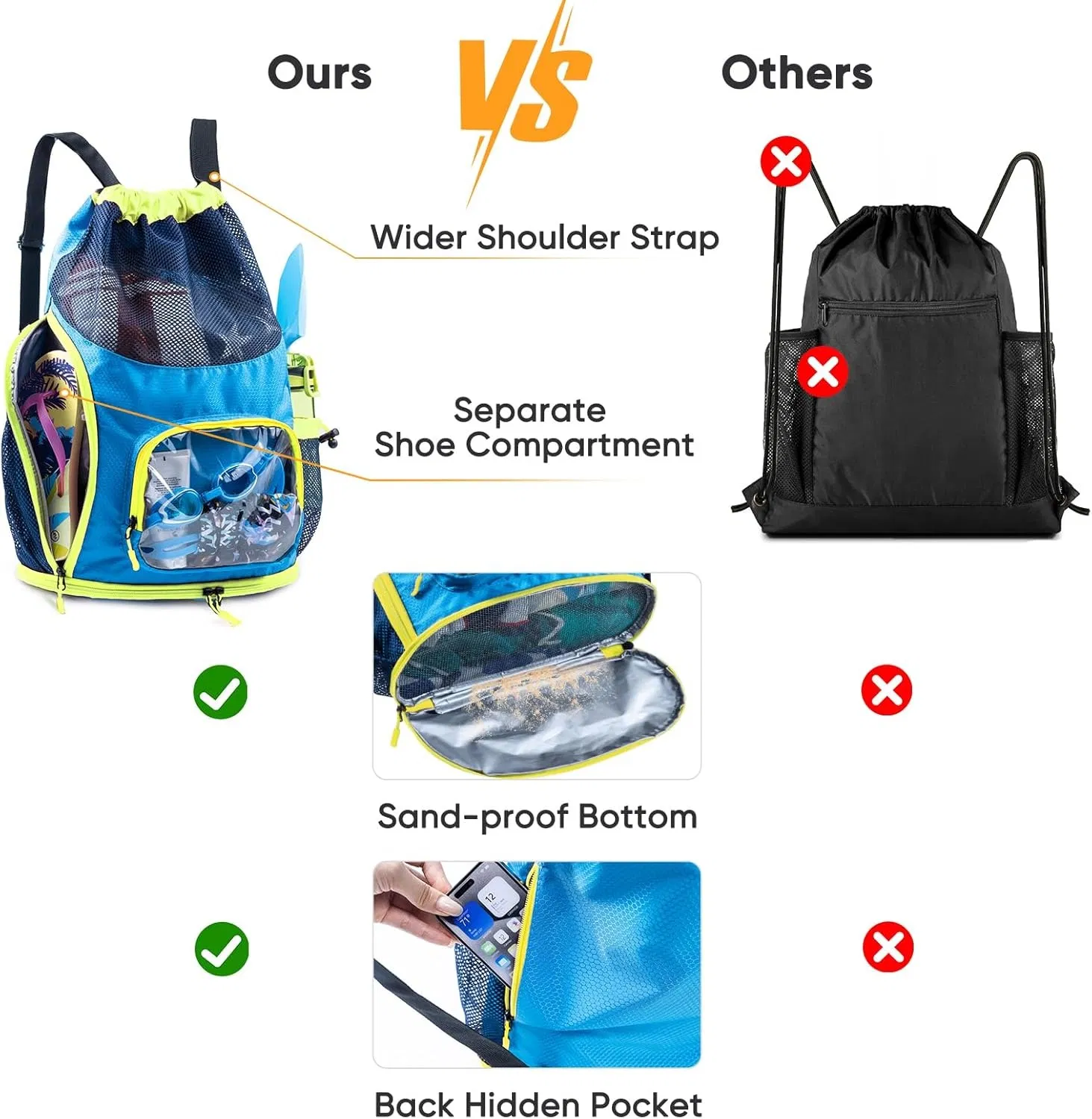Bolsa de Praia à Prova de Areia de Grande Capacidade com Compartimento para Sapatos, Mochila com Cordão, Bolsa de Praia Impermeável