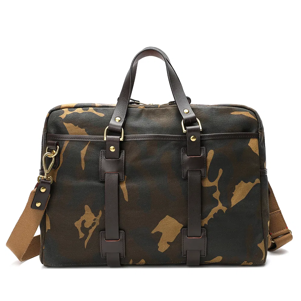 Bolsa de Laptop em Lona Camuflada à Prova d'Água com Couro Vegetal para Uso Externo, Bolsa de Ombro Masculina, Pasta (RSXY-593)