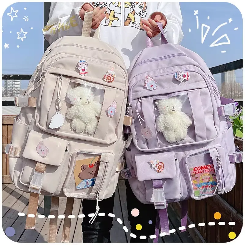 Mochila Kawaii Mochila Fofa para Menina Adolescente Mochila Escolar para Crianças Mochila de Viagem Grande Capacidade Mochila Escolar Estética de Lona