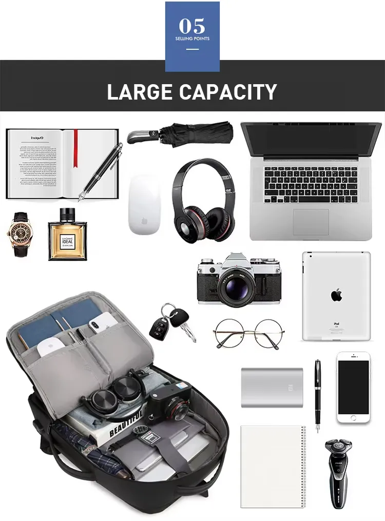 Mochila moderna expansível à prova d'água de grande capacidade com carregamento USB para homens