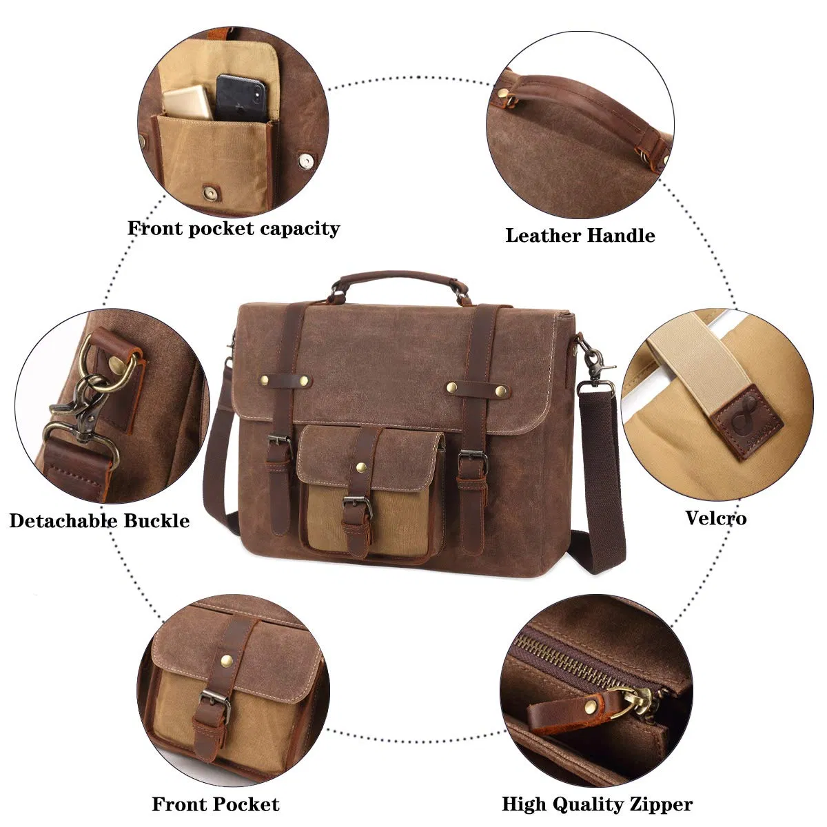 Bolsa de Ombro de Couro Vintage Impermeável em Lona encerada para Negócios, Pasta para Laptop, Mensageiro
