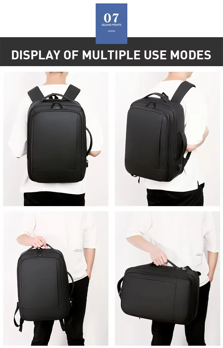 Mochila moderna expansível à prova d'água de grande capacidade com carregamento USB para homens