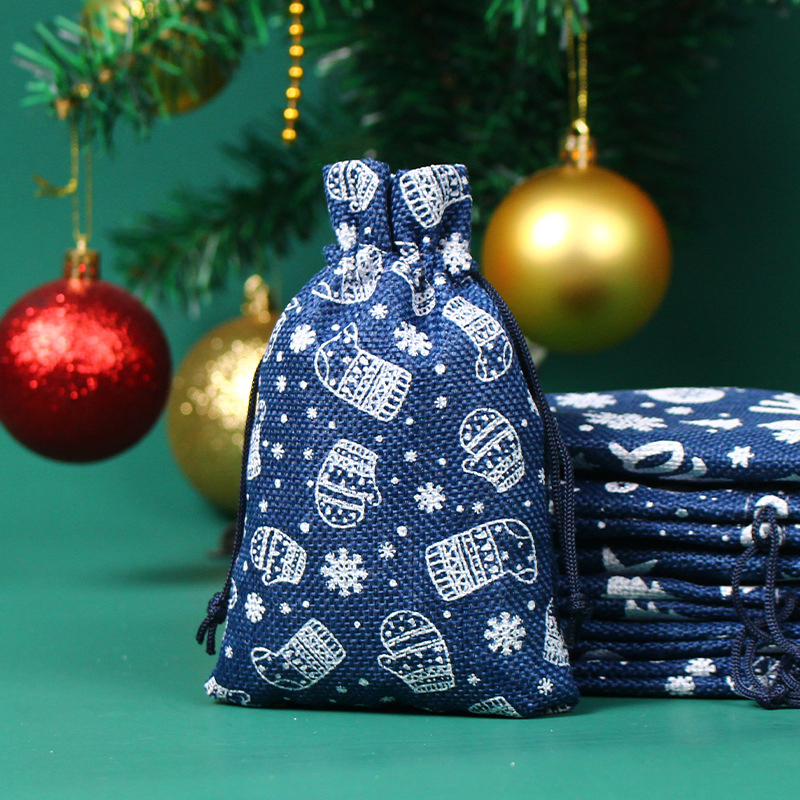Saco promocional de juta e linho impresso personalizado com estrelas e flocos de neve para embalagem de presente de Natal