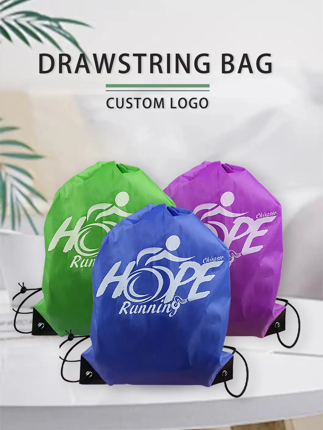 Mochila de cordão de poliéster impermeável promocional, sacos de cordão para esportes com logotipo personalizado