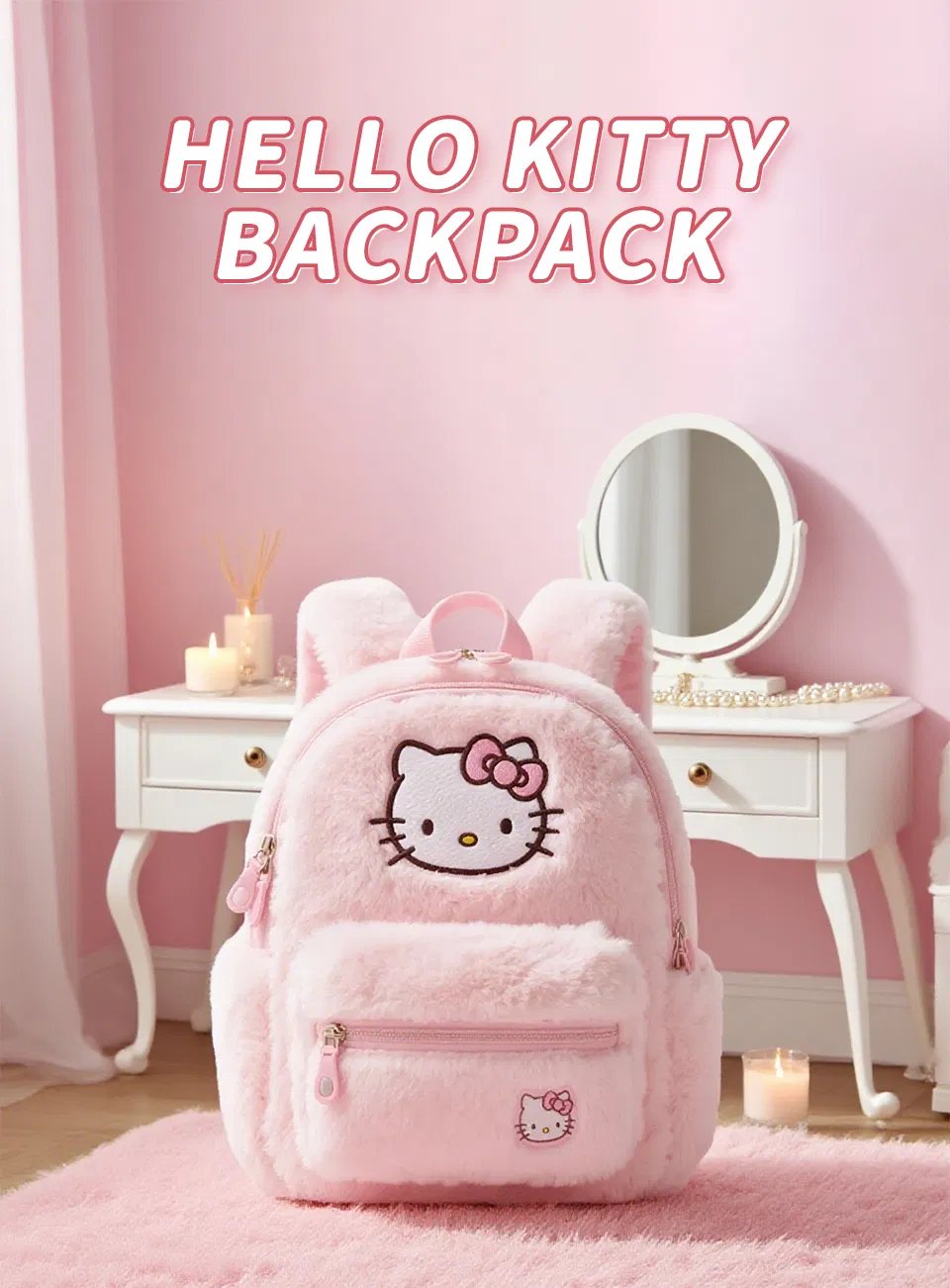 Mochila de pelúcia Hello Kitty para crianças para escola e viagem, mochila de cartoon fofa para meninas, presente ecológico para festivais