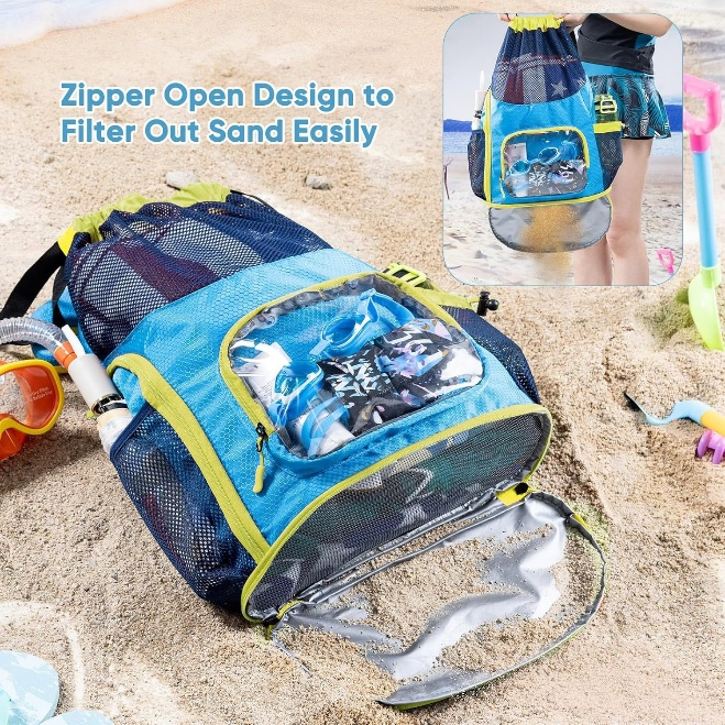 Bolsa de Praia à Prova de Areia de Grande Capacidade com Compartimento para Sapatos, Mochila com Cordão, Bolsa de Praia Impermeável