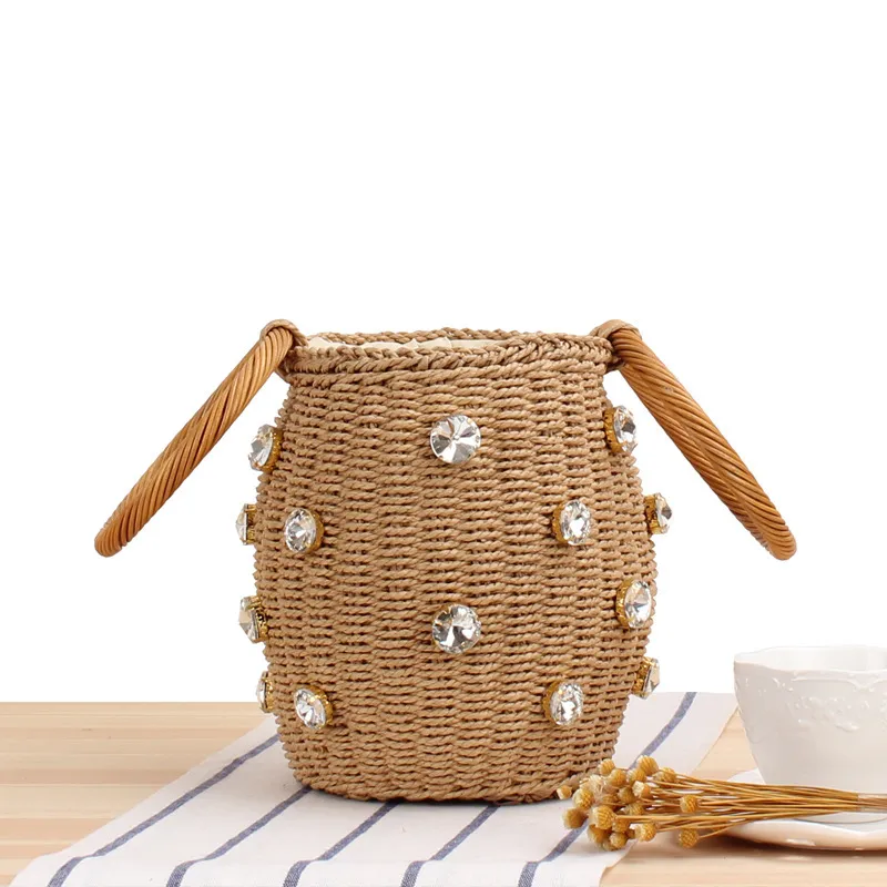 Bolsa Clutch de Ráfia Crochê em Formato de Balde, Bolsa de Palha, Bolsa de Praia em Macramê Feita à Mão