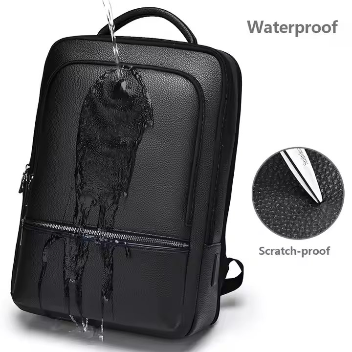 Mochila de Negócios à Prova d'Água com Porta de Carregamento USB, Mochila Executiva de Couro PU para Laptop