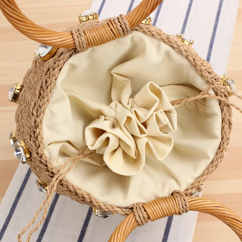 Bolsa Clutch de Ráfia Crochê em Formato de Balde, Bolsa de Palha, Bolsa de Praia em Macramê Feita à Mão