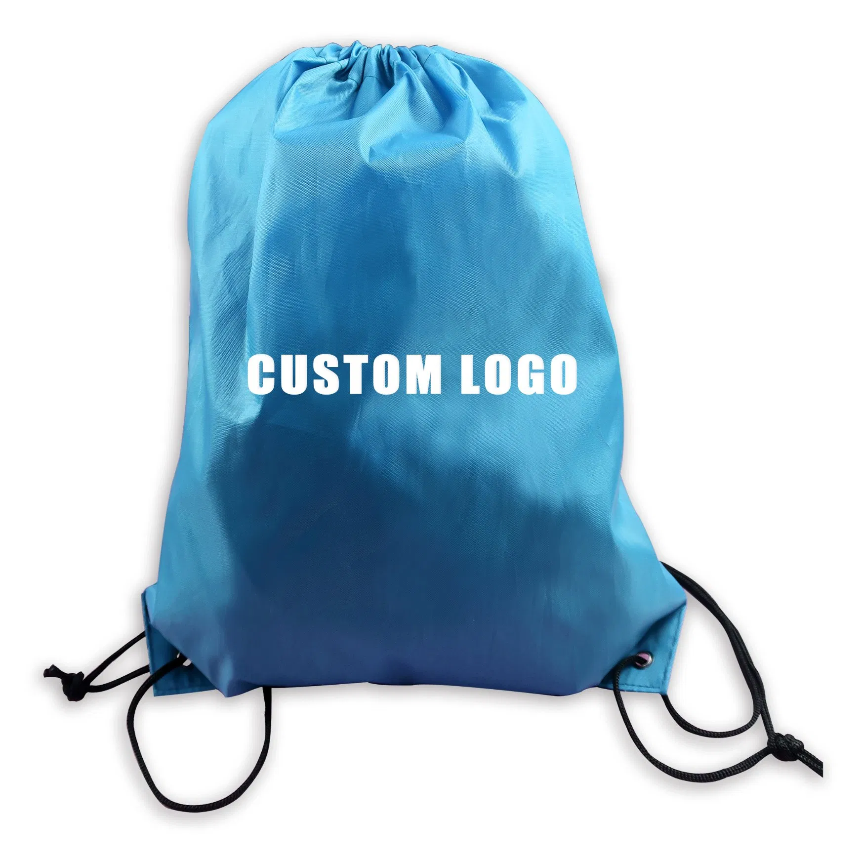 Mochila de cordão de poliéster impermeável promocional, sacos de cordão para esportes com logotipo personalizado