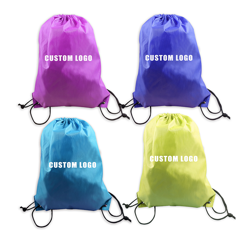 Mochila de cordão de poliéster impermeável promocional, sacos de cordão para esportes com logotipo personalizado