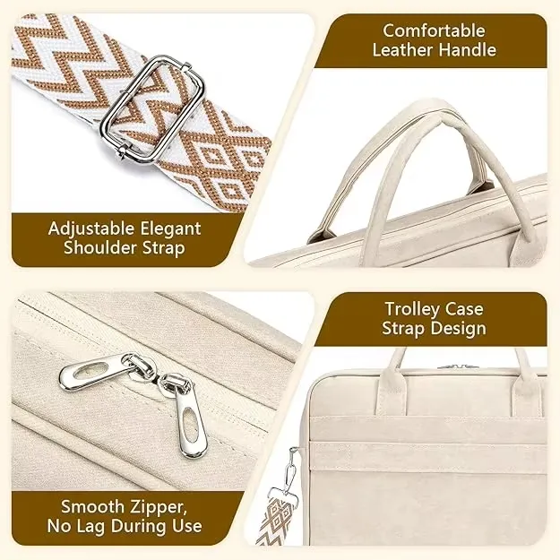 Bolsa de Laptop de Couro para Mulheres, Impermeável, Pasta de Trabalho Elegante, Bolsa Mensageiro para Computador com Alça de Ombro Ajustável