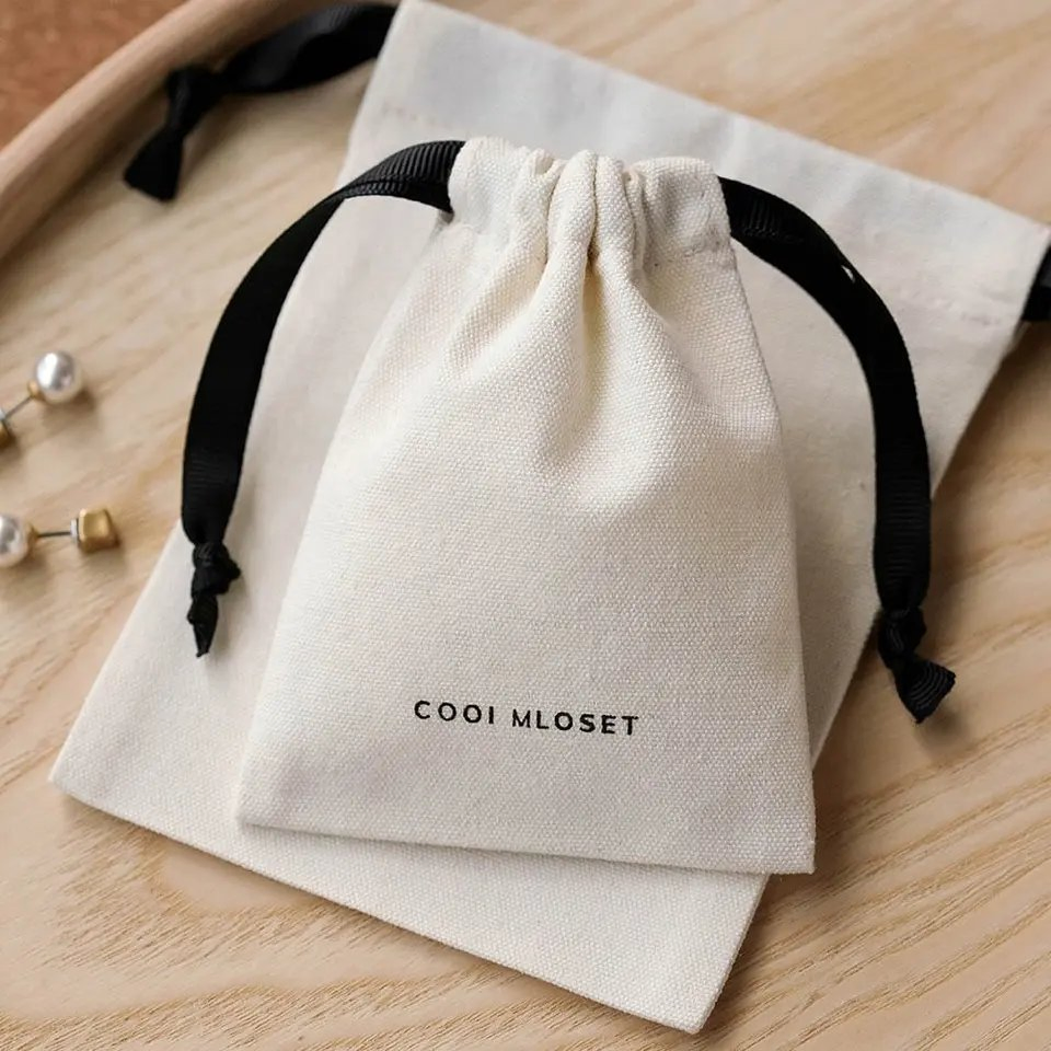 Saco de Algodão Ecológico com Cordão Personalizado, Saco de Algodão para Joias, Pouch de Linho Orgânico Preto, Saco de Algodão com Cordão e Logo