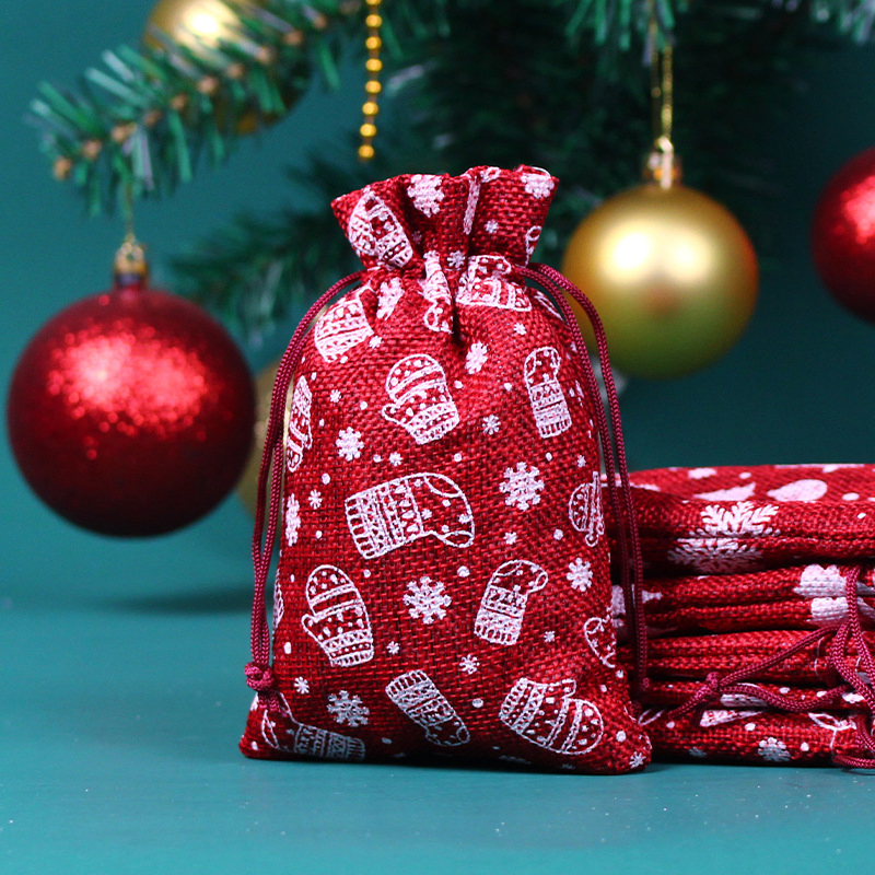 Saco promocional de juta e linho impresso personalizado com estrelas e flocos de neve para embalagem de presente de Natal