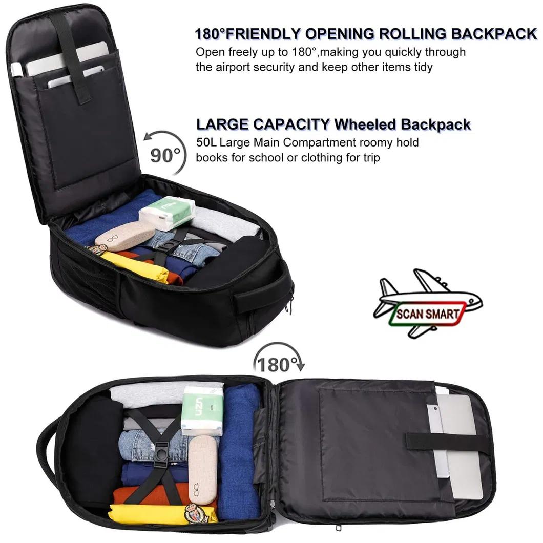 Mochila de viagem com rodas à prova d'água para laptop, bagagem de mão, mala de trolley