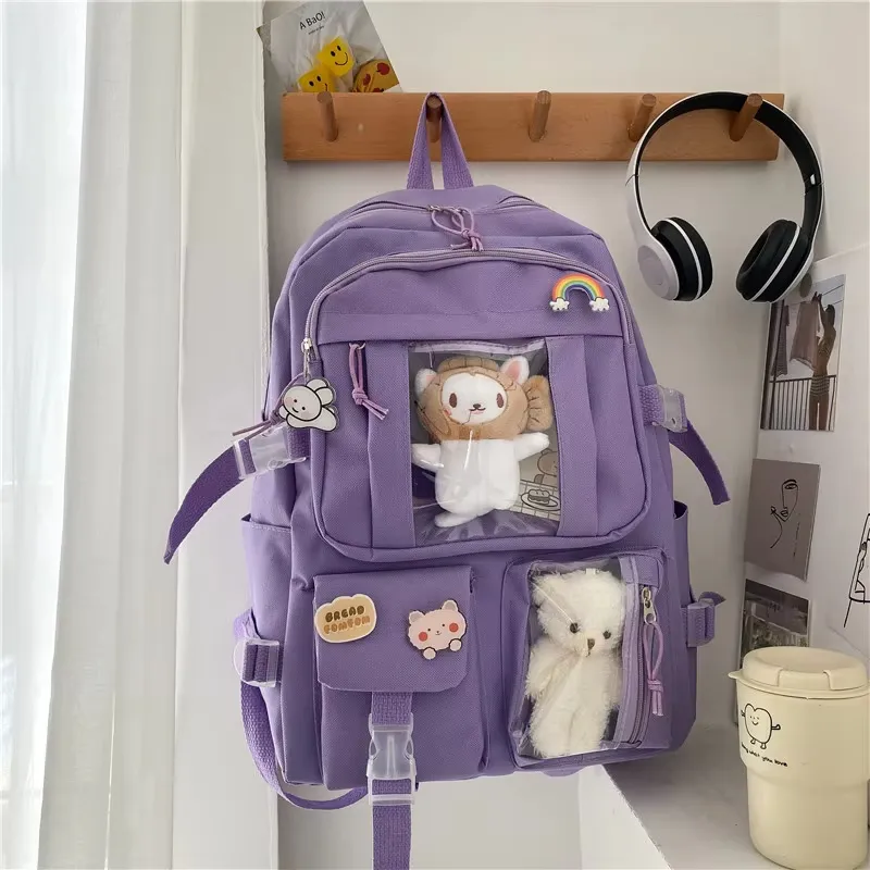 Mochila Kawaii Mochila Fofa para Menina Adolescente Mochila Escolar para Crianças Mochila de Viagem Grande Capacidade Mochila Escolar Estética de Lona