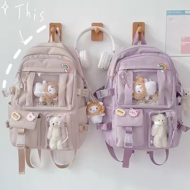Mochila Kawaii Mochila Fofa para Menina Adolescente Mochila Escolar para Crianças Mochila de Viagem Grande Capacidade Mochila Escolar Estética de Lona