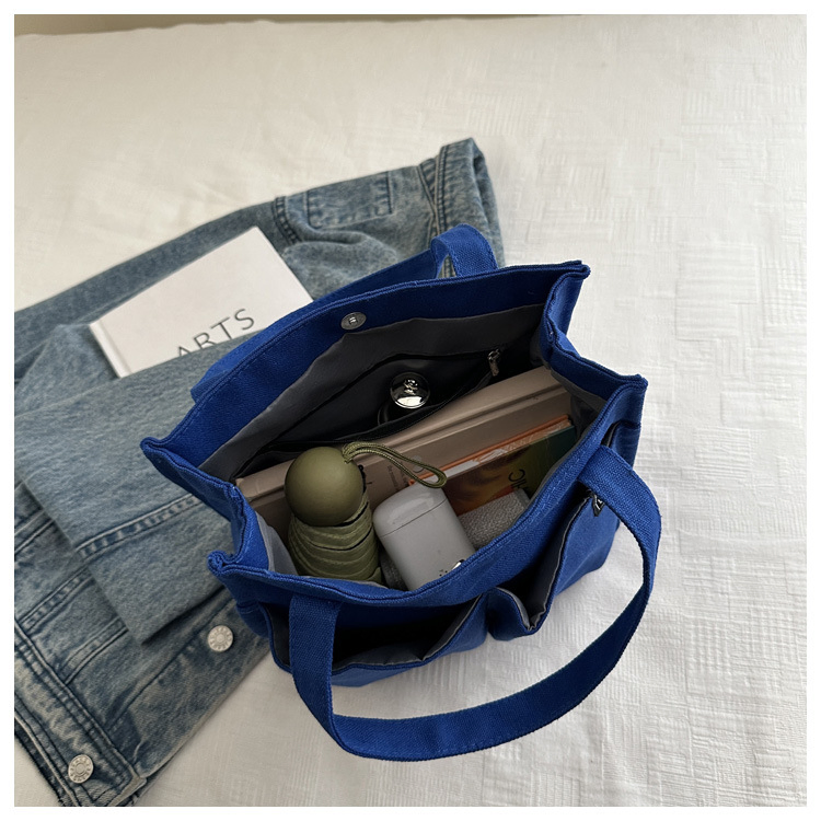 Bolsa Tote de Lona Sólida com Múltiplos Bolsos Grande Capacidade Armazenamento Organizado Bolsa de Ombro para Comutação