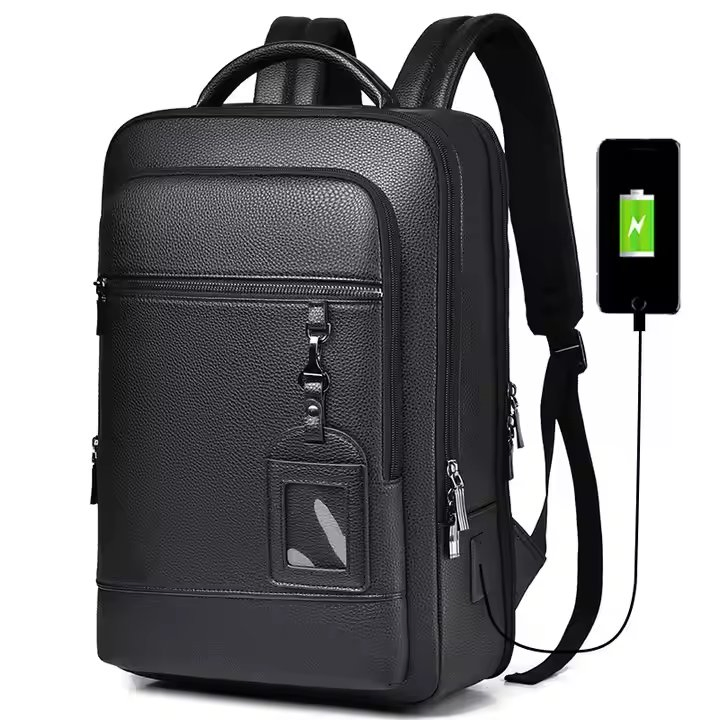 Mochila de Negócios à Prova d'Água com Porta de Carregamento USB, Mochila Executiva de Couro PU para Laptop
