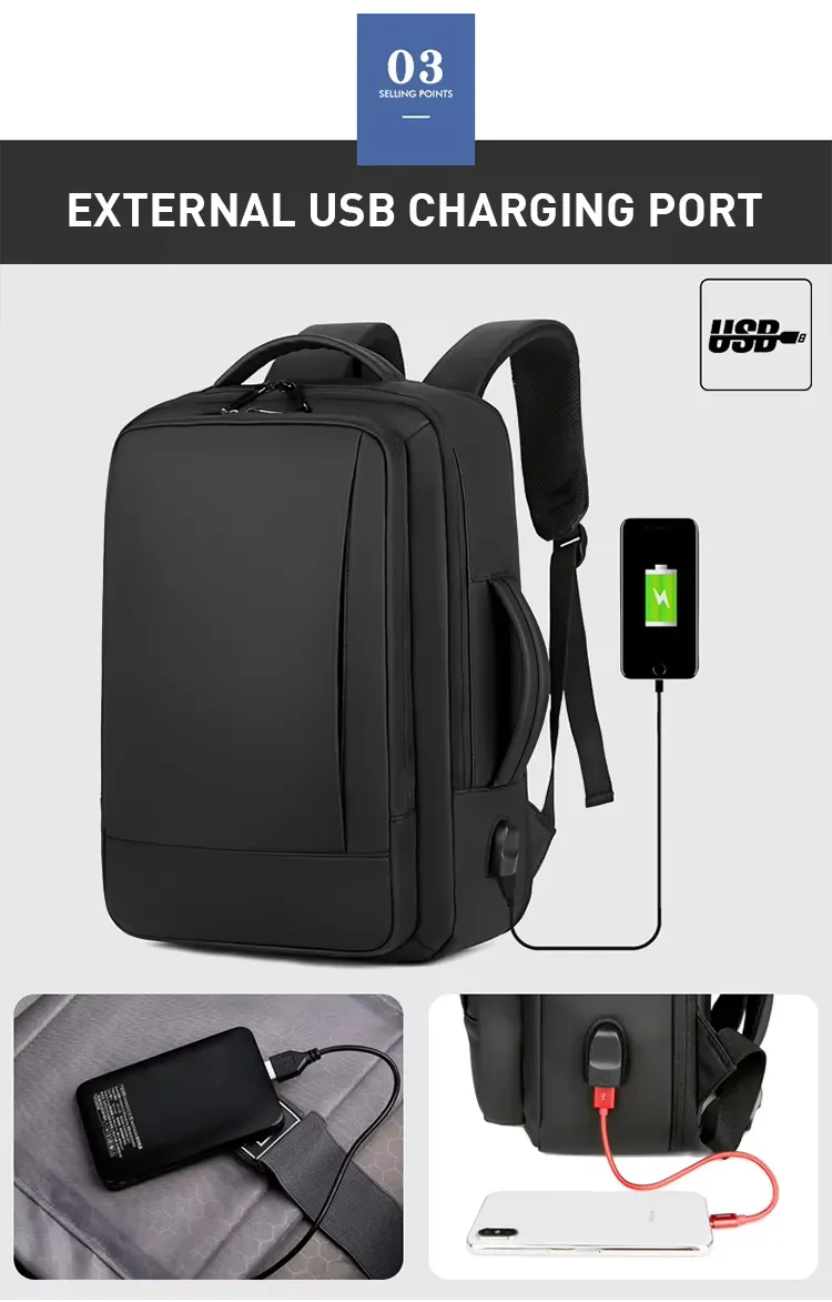 Mochila moderna expansível à prova d'água de grande capacidade com carregamento USB para homens
