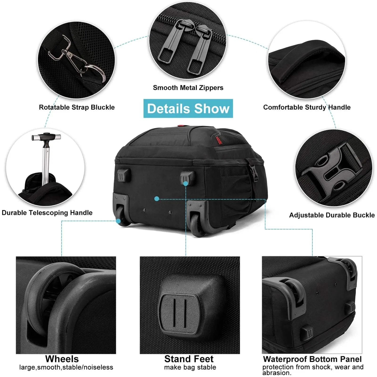 Mochila de viagem com rodas à prova d'água para laptop, bagagem de mão, mala de trolley