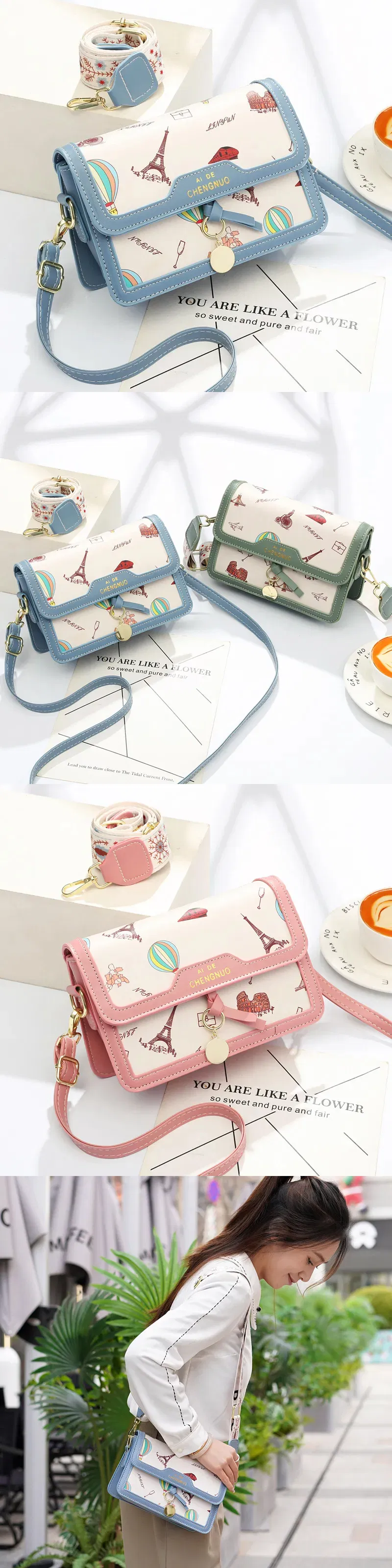 Bolsa de PU estampada com impressão total e acabamento em PU de cor sólida